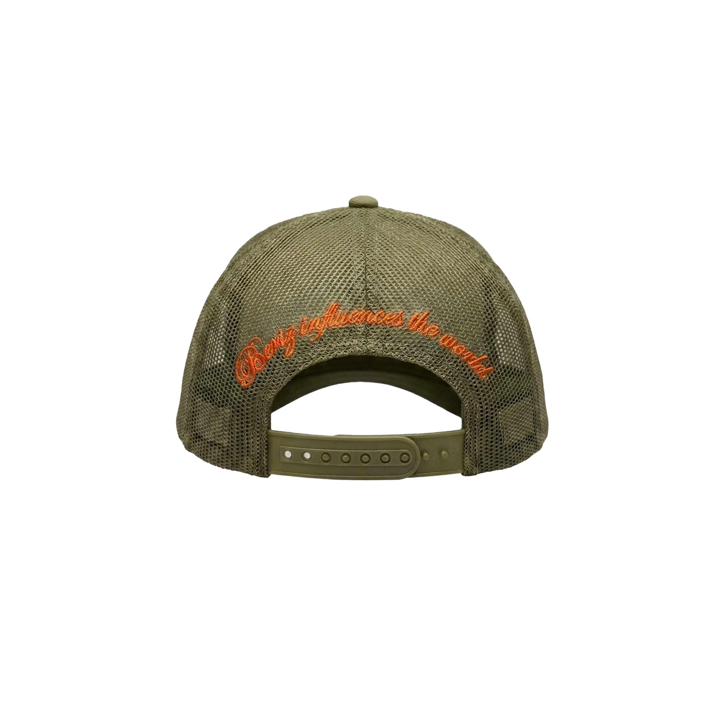 Casquette Camouflage avec logo brodée "Beriz influences the world" en orange vue de dos 