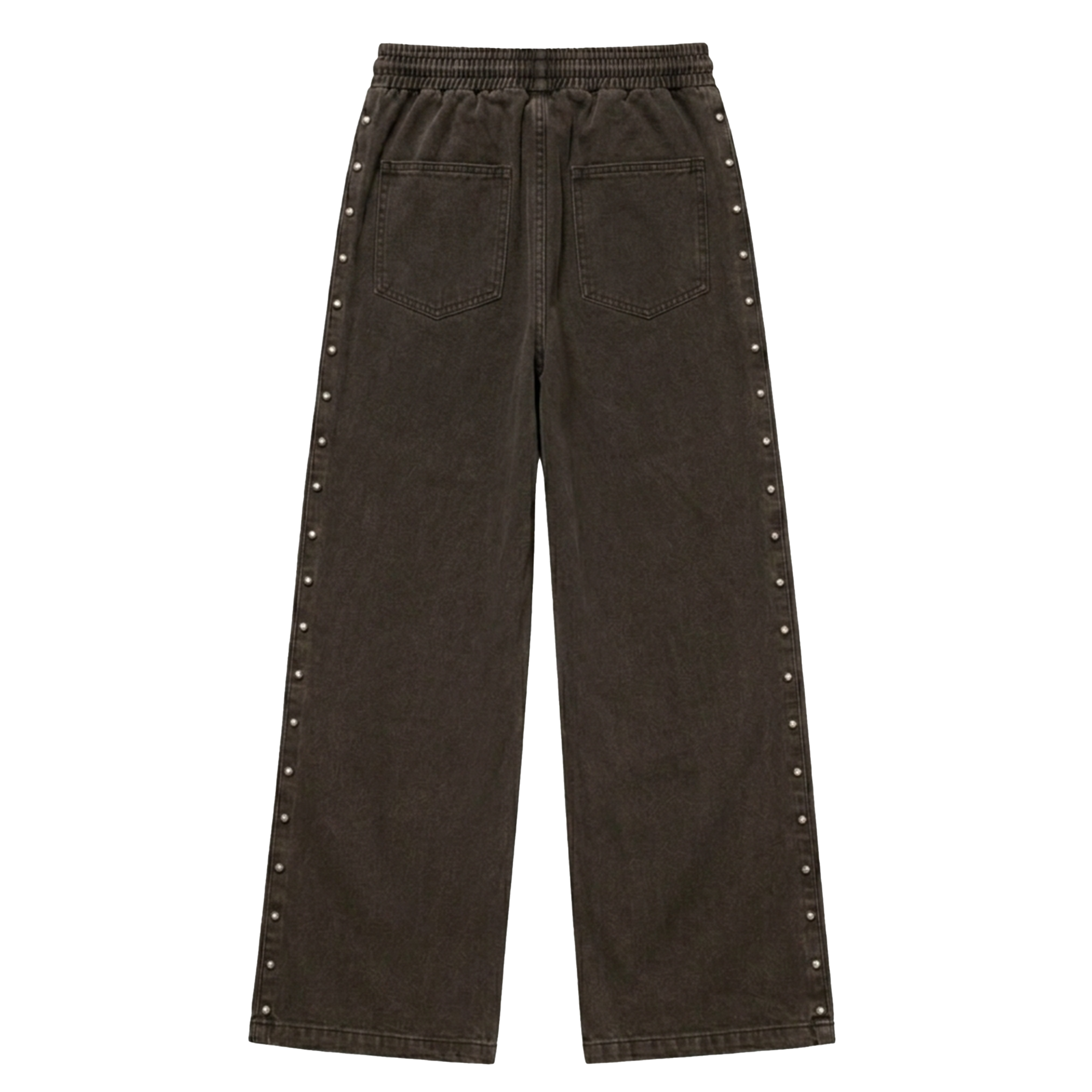 Pantalon marron avec perle nacrée sur les jambes vue de dos