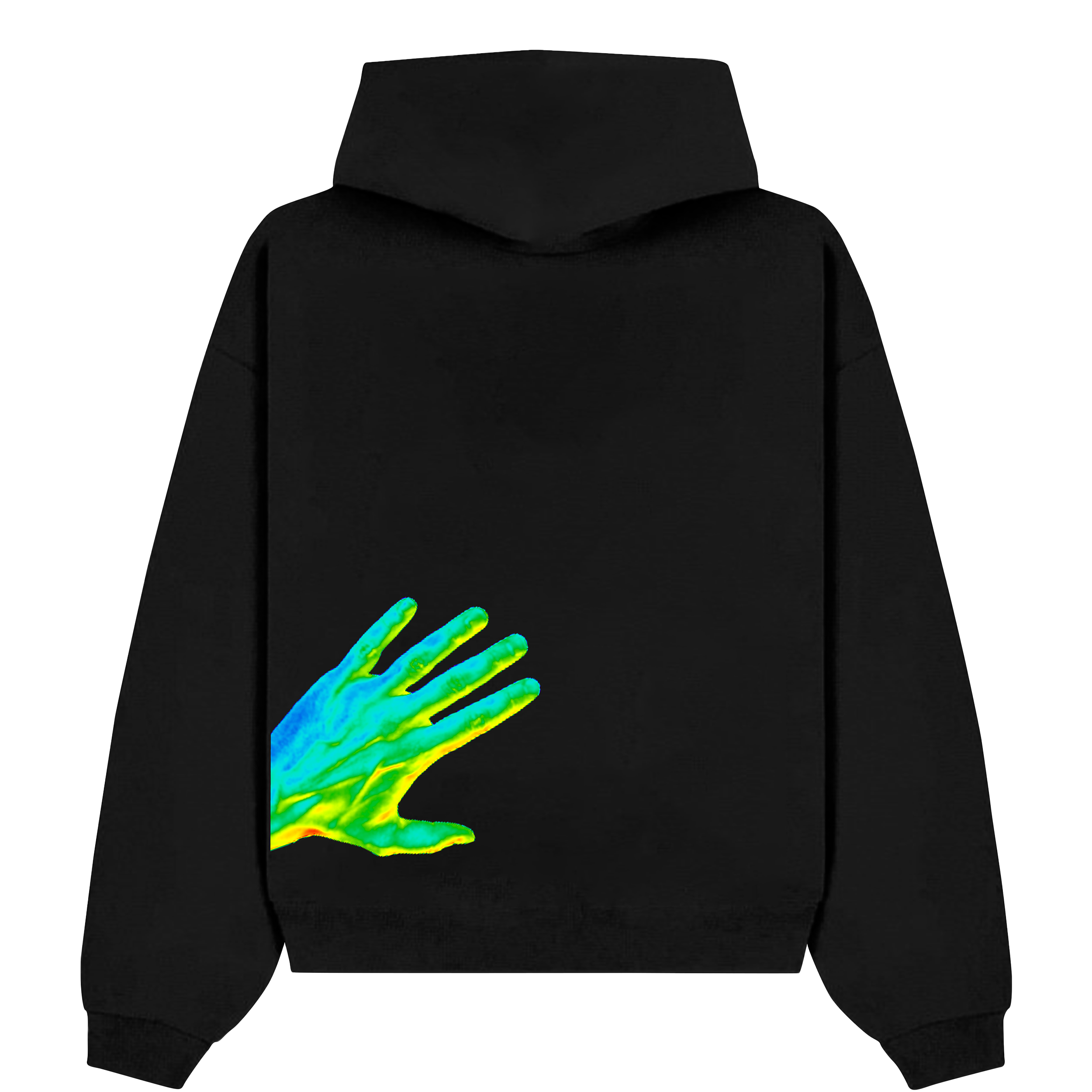 Sweatshirt noir vue de dos avec logo main vert/bleu 